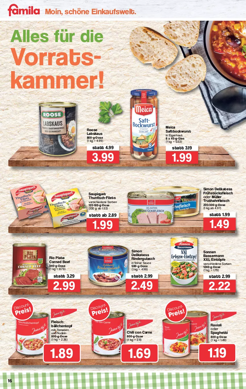 Aktueller Prospekt Famila - Prospekte - von 10.01 bis 15.01.2022 - strona 16 - produkty: beef, bockwurst, chili, corned beef, eintöpfe, eis, filet, filets, fisch, fleisch, frühstücksfleisch, gulasch, meica, Müller, nudel, nudeln, ravioli, rind, rinder, rindergulasch, saft, sauce, saupiquet, sim, spaghetti, thunfisch, Ti, tomate, tomaten, topf, truthahn, wurst