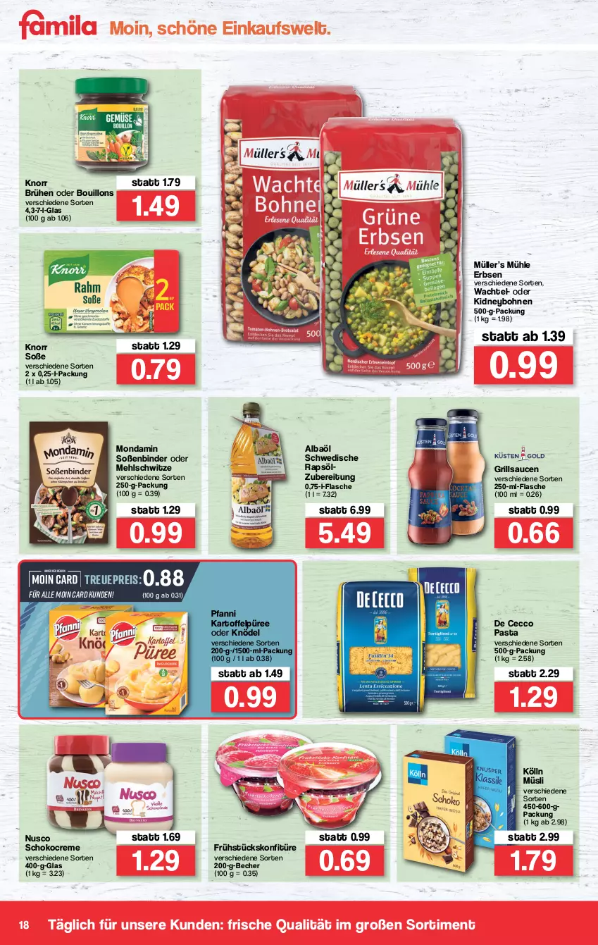 Aktueller Prospekt Famila - Prospekte - von 10.01 bis 15.01.2022 - strona 18 - produkty: Becher, bohne, bohnen, Brühe, creme, De Cecco, ecco, eis, erbsen, flasche, grill, grillsauce, kartoffel, Kartoffelpüree, kidney, Knödel, knorr, kölln, konfitüre, mehl, mondamin, Müller, müsli, pasta, pfanni, püree, rapsöl, reis, sauce, saucen, schoko, Soße, Ti