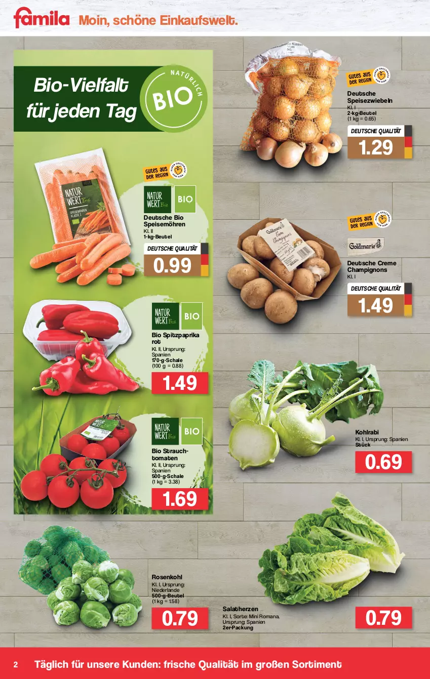 Aktueller Prospekt Famila - Prospekte - von 10.01 bis 15.01.2022 - strona 2 - produkty: beutel, bio, champignon, champignons, creme, eis, kohlrabi, möhren, paprika, paprika rot, Rauch, rosen, Rosenkohl, salat, salatherzen, Schal, Schale, speisemöhren, Speisezwiebeln, Spitzpaprika, Ti, tomate, tomaten, zwiebel, zwiebeln