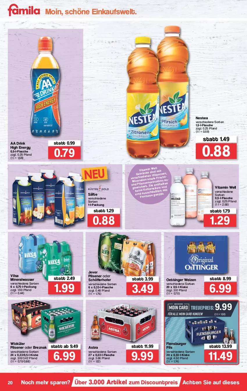 Aktueller Prospekt Famila - Prospekte - von 10.01 bis 15.01.2022 - strona 20 - produkty: Alwa, Astra, burger, discount, drink, eis, flasche, flensburger, jever, jever pilsener, mineralwasser, Nestea, oettinger, pils, pilsener, reis, säfte, schöfferhofer, Ti, vilsa, vita, wasser, WICK