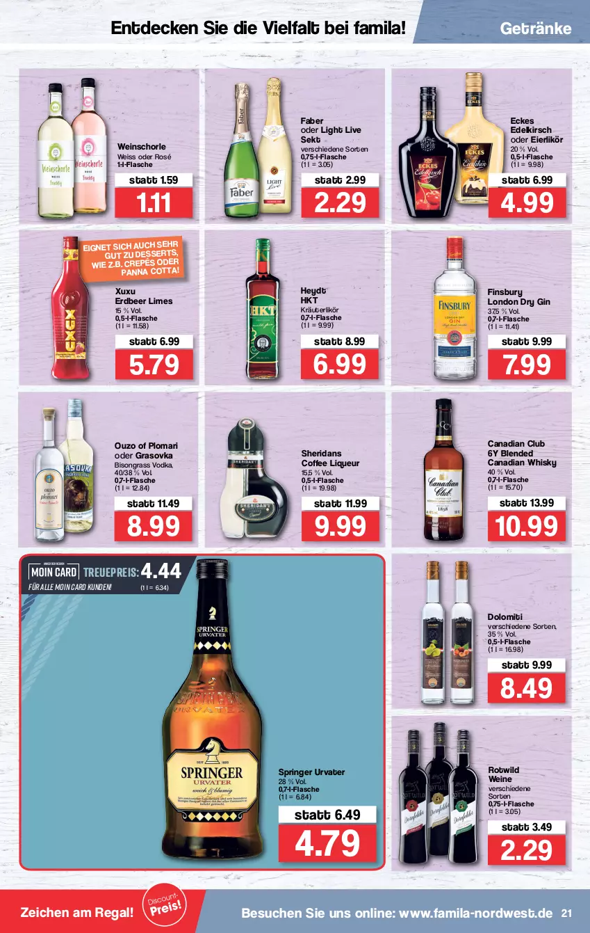 Aktueller Prospekt Famila - Prospekte - von 10.01 bis 15.01.2022 - strona 21 - produkty: Canadian Whisky, decke, dessert, desserts, dry gin, eier, eierlikör, eis, finsbury, flasche, getränk, getränke, gin, kirsch, kräuter, kräuterlikör, likör, liqueur, london dry, london dry gin, ouzo, regal, reis, ring, schorle, sekt, Ti, urvater, vodka, wein, weine, weinschorle, whisky, Wild