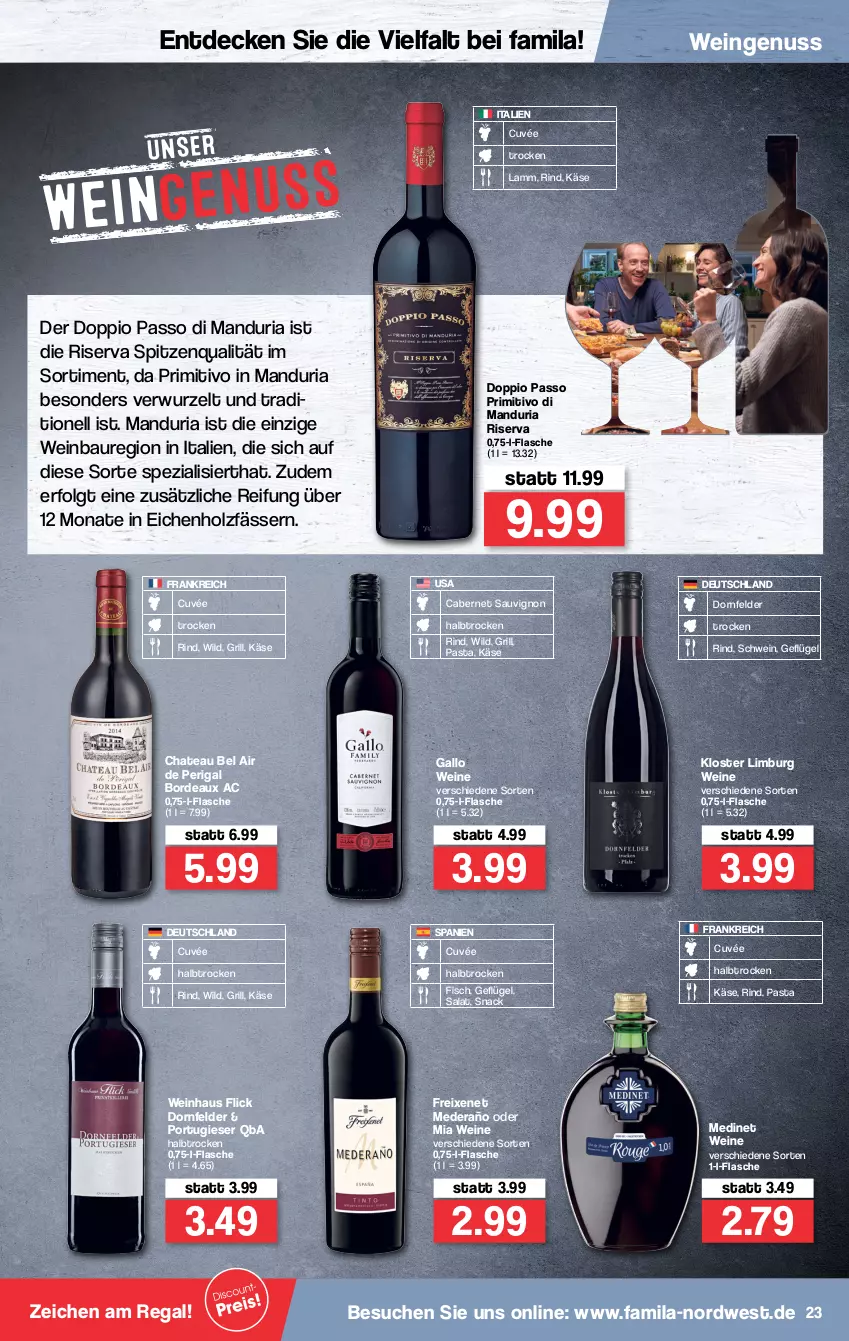 Aktueller Prospekt Famila - Prospekte - von 10.01 bis 15.01.2022 - strona 23 - produkty: Bau, cabernet, cabernet sauvignon, chateau, cuvée, decke, doppio passo, dornfelder, fisch, flasche, freixenet, gallo, Geflügel, grill, Holz, Käse, lamm, LG, medinet, nuss, passo, pasta, primitivo, regal, Ria, rind, riserva, salat, sauvignon, schwein, snack, Spezi, spitzenqualität, Ti, wein, weine, Wild, Zelt