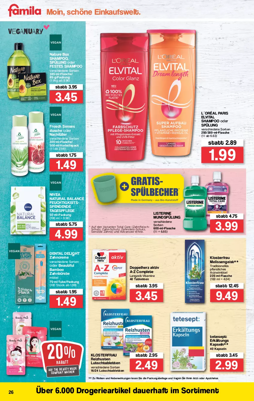 Aktueller Prospekt Famila - Prospekte - von 10.01 bis 15.01.2022 - strona 26 - produkty: Apotheke, auer, bamboo, bürste, creme, doppelherz, dusche, eis, elle, elvital, Erkältungs, flasche, fleisch, Frosch, ilag, L´Oréal, listerine, Maske, mundspülung, natur, natura, nature box, nivea, Ria, shampoo, shampoo oder spülung, spülung, tablet, tablett, Tablette, Tagespflege, Ti, total care, vita, Vitamine, zahnbürste, zahncreme