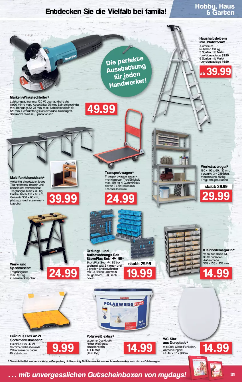 Aktueller Prospekt Famila - Prospekte - von 10.01 bis 15.01.2022 - strona 31 - produkty: decke, eimer, eis, Garten, gutschein, Hobby, kraft, leine, LG, magazin, mydays, regal, rum, rwe, schubladen, Sport, Ti, tisch, Transportwagen, wc-sitz, Winkelschleifer