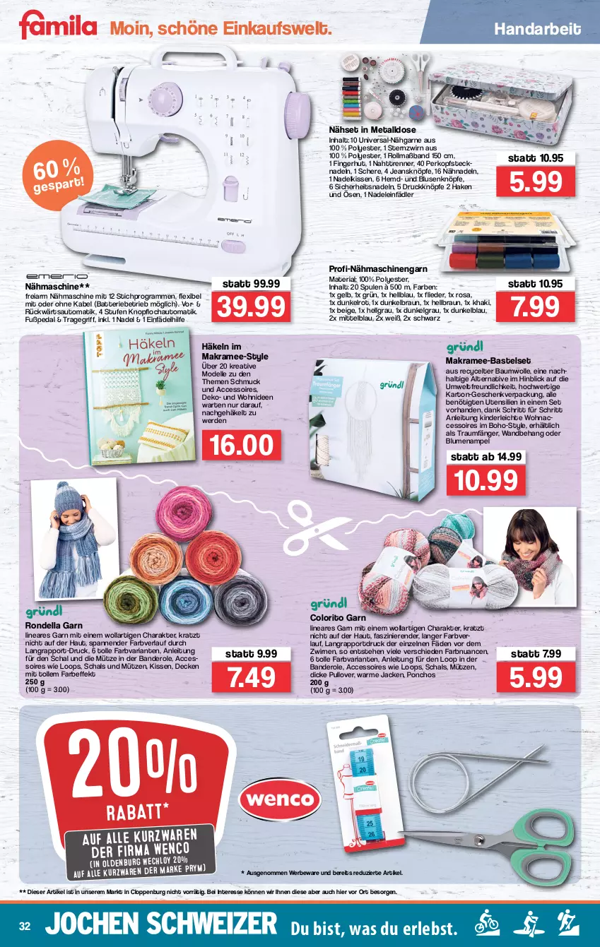 Aktueller Prospekt Famila - Prospekte - von 10.01 bis 15.01.2022 - strona 32 - produkty: ACC, accessoires, auto, batterie, Bau, baumwolle, blume, blumen, Blumenampel, bluse, braun, decke, dell, elle, erde, flieder, hemd, HP, Jacke, jeans, Kinder, kissen, LG, Mode, Mütze, Nähmaschine, Nähset, Nuance, Pullover, Ria, Rondell, Schal, Schere, Schmuck, Ti, tragegriff, wolle