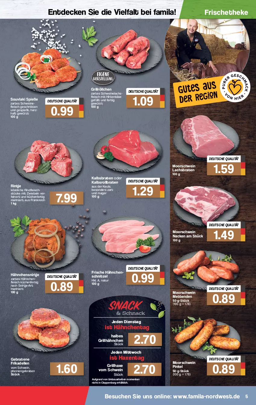 Aktueller Prospekt Famila - Prospekte - von 10.01 bis 15.01.2022 - strona 5 - produkty: axe, Bau, braten, decke, dell, eis, elle, fleisch, frikadellen, Frische Hähnchen, gewürz, grill, grillhähnchen, grillhaxe, Hähnchenschnitzel, Haxe, hirtenkäse, Käse, küche, Küchen, lachs, Lachsbraten, Mett, metten, Mettenden, mit zwiebeln, natur, pfanne, pfannen, rind, rindfleisch, rollbraten, schnitten, schnitzel, schwein, schweine, Schweinelachs, Ti, wein, weine, zwiebel, zwiebeln