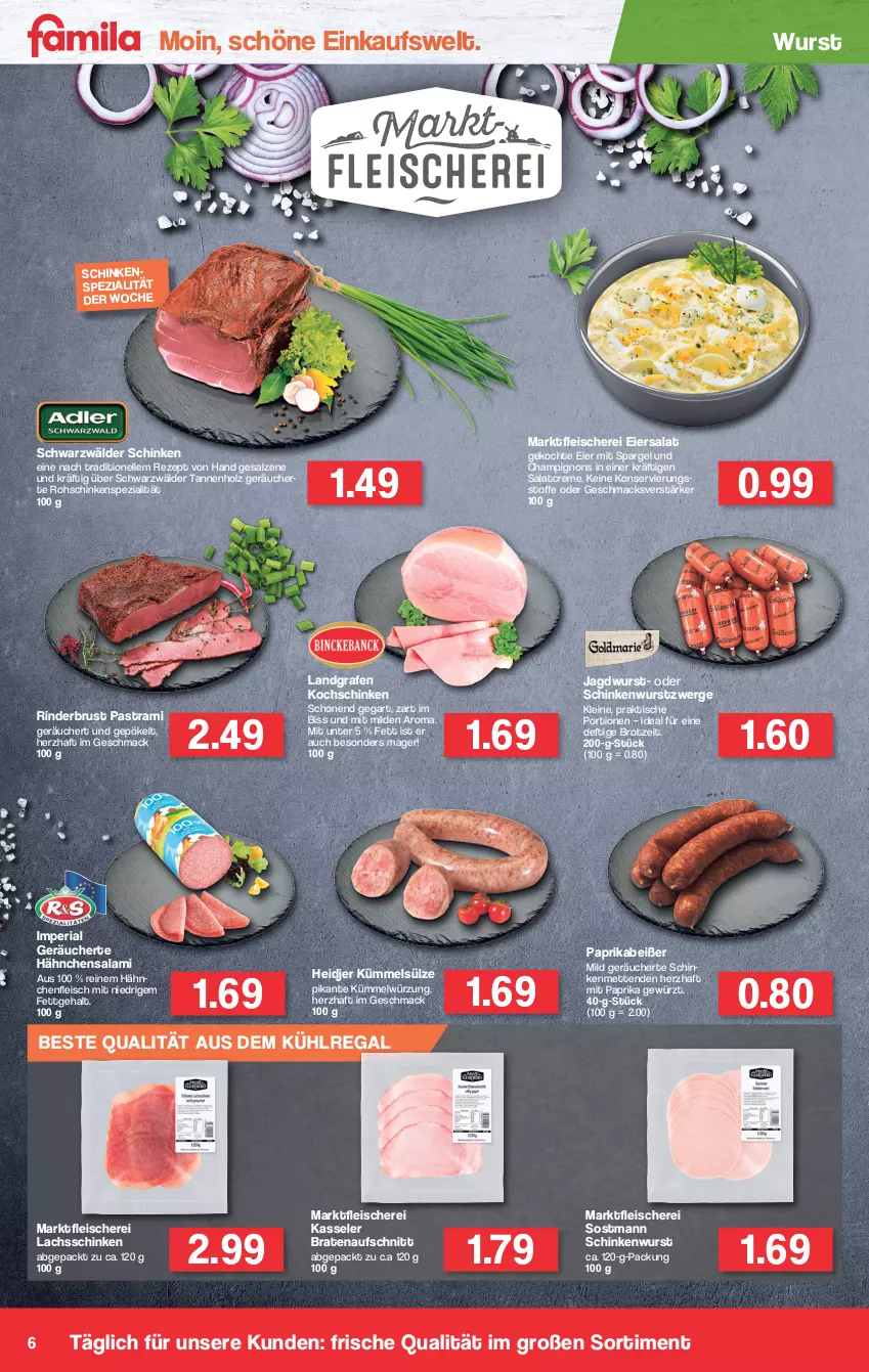 Aktueller Prospekt Famila - Prospekte - von 10.01 bis 15.01.2022 - strona 6 - produkty: Astra, aufschnitt, aus dem kühlregal, braten, bratenaufschnitt, brot, champignon, champignons, creme, eier, eiersalat, eis, elle, fleisch, Fleischerei, gewürz, Hähnchenfleisch, Holz, jagdwurst, kasseler, kochschinken, kühlregal, lachs, lachsschinken, leine, mac, Mett, metten, Mettenden, mit paprika, paprika, pastrami, regal, rezept, Ria, rind, rinder, rohschinken, salami, salat, salatcreme, salz, Schere, schinken, schinkenwurst, schwarzwälder schinken, spargel, Spezi, Ti, tisch, wurst