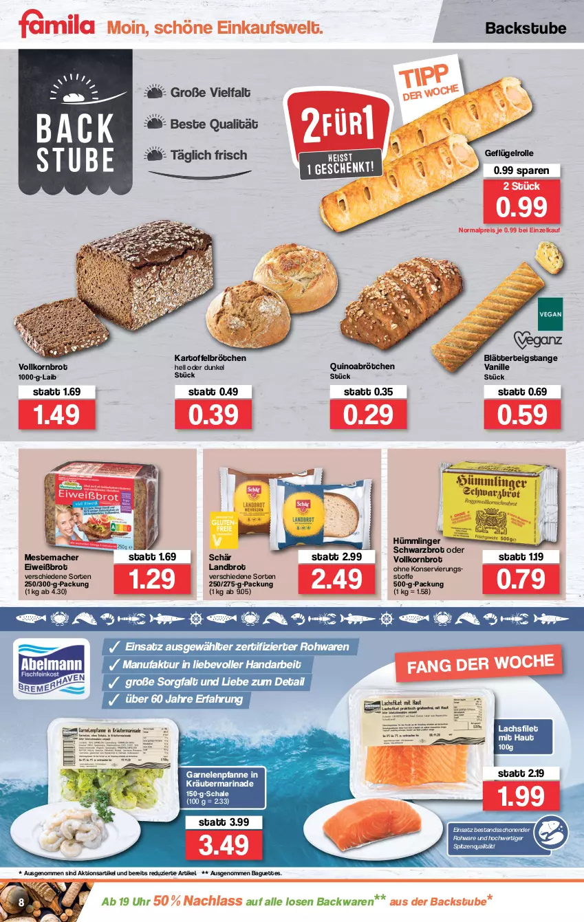 Aktueller Prospekt Famila - Prospekte - von 10.01 bis 15.01.2022 - strona 8 - produkty: backwaren, baguette, baguettes, blätterteig, brot, brötchen, eis, Eiweißbrot, Faktu, filet, garnelen, Geflügel, kartoffel, korn, Kornbrot, kräuter, lachs, lachsfilet, mac, marinade, mestemacher, pfanne, quinoa, reis, Schal, Schale, Schwarzbrot, spitzenqualität, stube, Ti, uhr, vanille, vollkornbrot