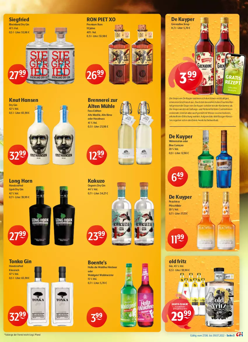 Aktueller Prospekt Getraenke Hoffmann - Prospekte - von 27.06 bis 09.07.2022 - strona 3 - produkty: alkohol, cocktail, drink, drinks, dry gin, eis, ente, erde, flasche, fritz, frucht, fruchtsaft, gin, haselnuss, himbeer, likör, limo, mac, Meister, nuss, rezept, rum, rwe, saft, Schal, Schale, sirup, Spreequell, Ti, tonic, tonic water, waldmeister, wasser, zitrone, zitronen, zucker