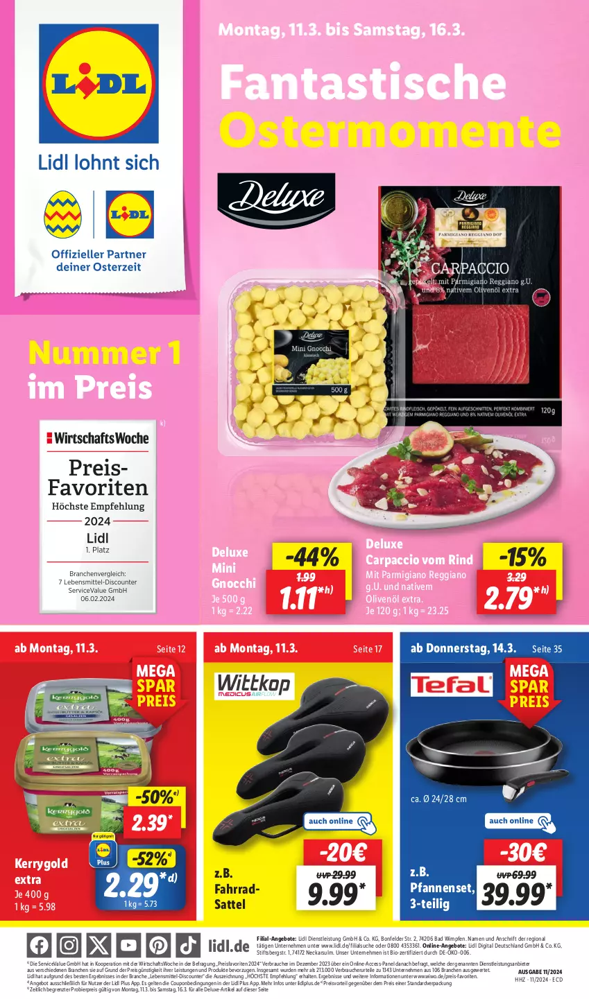 Aktueller Prospekt Lidl - Aktionsprospekt - von 11.03 bis 16.03.2024 - strona 1 - produkty: ACC, angebot, angebote, asti, Bad, bier, bio, Carpaccio, coupon, discount, eis, ente, Fahrrad, fanta, gnocchi, kerrygold, kerrygold extra, lebensmittel, olive, oliven, olivenöl, olivenöl extra, parmigiano, parmigiano reggiano, pfanne, pfannen, preisvorteil, Rauch, reggiano, reis, rind, sattel, Ti, tisch, ZTE