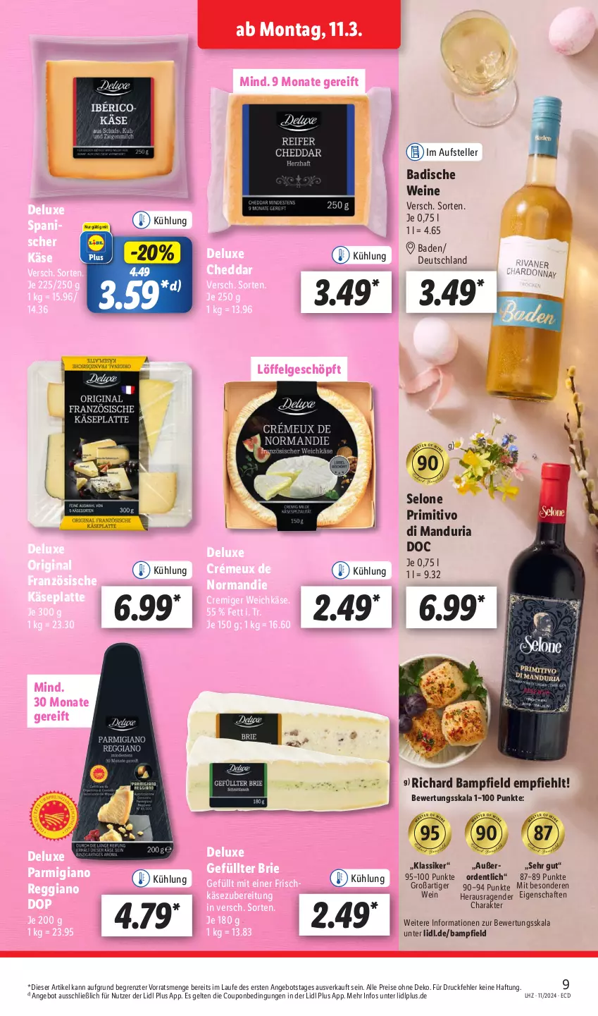 Aktueller Prospekt Lidl - Aktionsprospekt - von 11.03 bis 16.03.2024 - strona 11 - produkty: angebot, Bad, brie, cheddar, coupon, eis, elle, gin, Käse, latte, LG, Löffel, parmigiano, parmigiano reggiano, primitivo, reggiano, reis, Ria, teller, Ti, weichkäse, wein, weine, ZTE