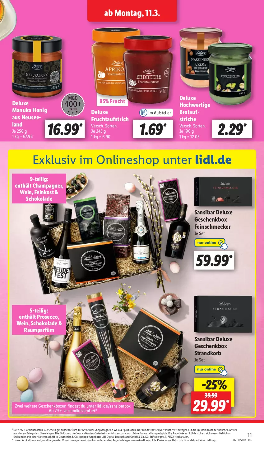 Aktueller Prospekt Lidl - Aktionsprospekt - von 11.03 bis 16.03.2024 - strona 13 - produkty: angebot, angebote, aufstrich, auto, brot, champagne, champagner, ecco, eis, Elan, elle, feinkost, feinschmecker, frucht, fruchtaufstrich, Geschenkbox, gutschein, honig, korb, LG, Manuka Honig, ndk, nuk, prosecco, reis, schoko, schokolade, spirituosen, strandkorb, teller, Ti, tisch, versandkostenfrei, wein, ZTE