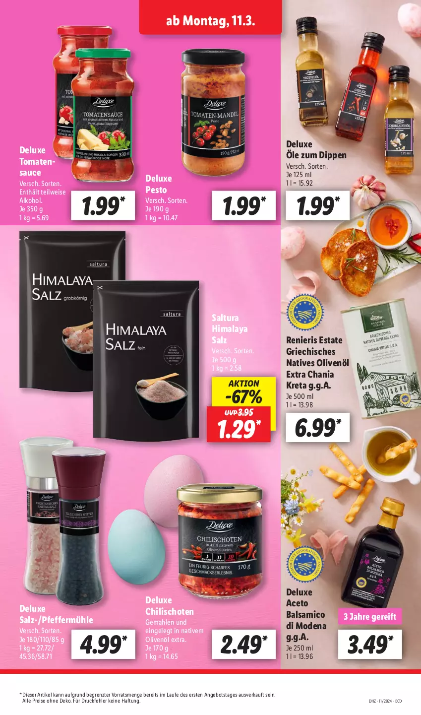 Aktueller Prospekt Lidl - Aktionsprospekt - von 11.03 bis 16.03.2024 - strona 15 - produkty: aceto, aceto balsamico, alkohol, angebot, balsam, balsamico, chili, dip, eis, Mode, natives olivenöl, olive, oliven, olivenöl, olivenöl extra, pesto, pfeffer, Pfeffermühle, reis, salz, sauce, Ti, tomate, tomaten, tomatensauce, ZTE