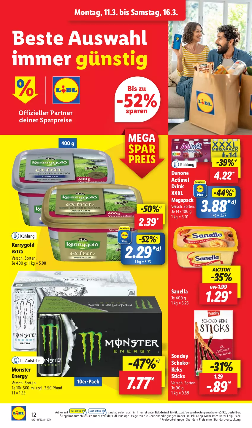 Aktueller Prospekt Lidl - Aktionsprospekt - von 11.03 bis 16.03.2024 - strona 16 - produkty: actimel, actimel drink, angebot, coupon, danone, danone actimel drink, drink, eis, elle, keks, kerrygold, kerrygold extra, monster, Monster Energy, ndk, preisvorteil, reis, Schal, Schale, schoko, Sondey, teller, Ti