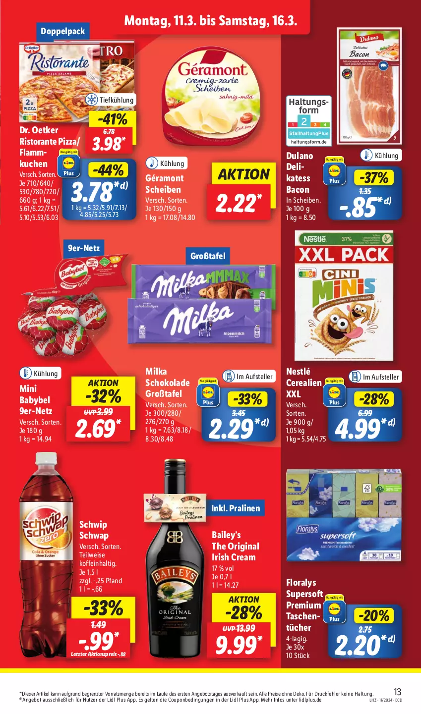 Aktueller Prospekt Lidl - Aktionsprospekt - von 11.03 bis 16.03.2024 - strona 17 - produkty: aktionspreis, angebot, babybel, bacon, cerealien, coupon, Dr. Oetker, dulano, eis, elle, flammkuchen, Floralys, géramont, gin, irish cream, kuchen, lamm, milka, milka schokolade, mini babybel, nestlé, pizza, pralinen, reis, ristorante, ristorante pizza, schoko, schokolade, Schwip Schwap, Tasche, taschen, taschentücher, teller, Ti, tücher, ZTE