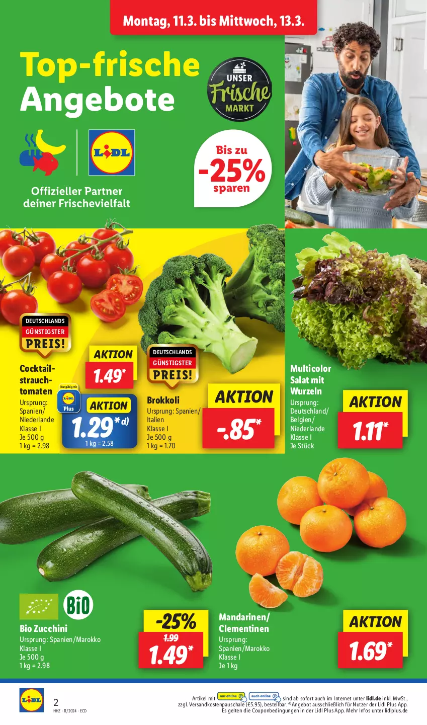 Aktueller Prospekt Lidl - Aktionsprospekt - von 11.03 bis 16.03.2024 - strona 2 - produkty: angebot, angebote, bio, brokkoli, clementinen, cocktail, cocktails, coupon, eis, LG, mandarine, mandarinen, ndk, Rauch, reis, salat, Schal, Schale, strauchtomaten, Ti, tomate, tomaten, zucchini