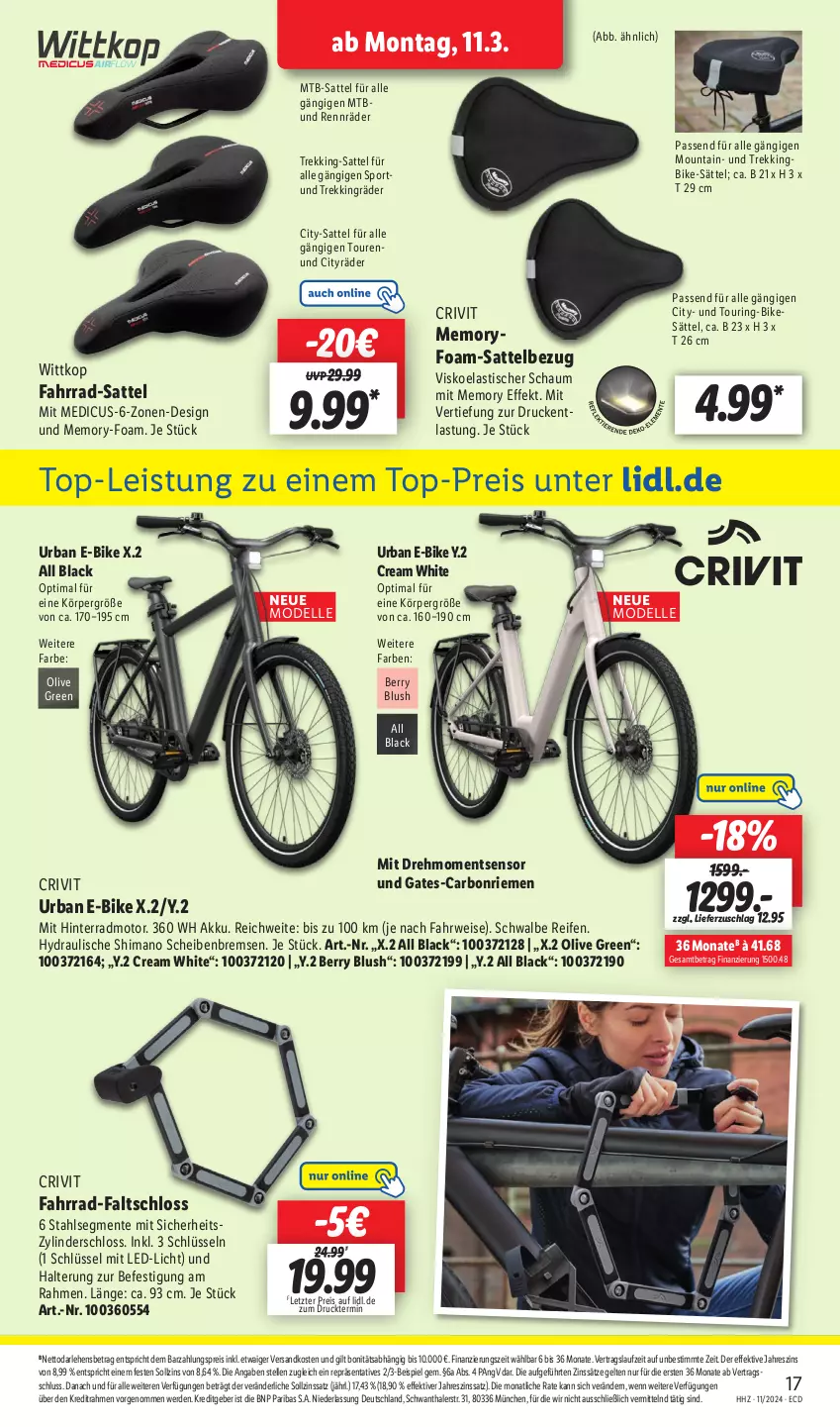 Aktueller Prospekt Lidl - Aktionsprospekt - von 11.03 bis 16.03.2024 - strona 21 - produkty: akku, asti, crivit, dell, E-Bike, eis, elle, ente, erde, Fahrrad, Faltschloss, lack, Mode, ndk, olive, passend für alle, reifen, reis, ring, rwe, sattel, shimano, Sport, Ti, tisch, top-preis, ZTE