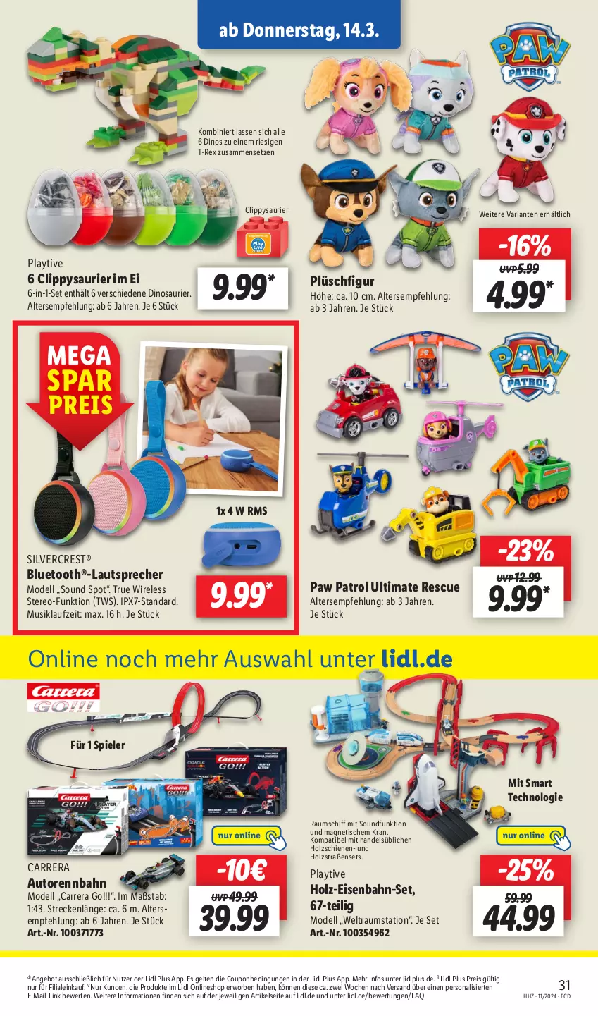 Aktueller Prospekt Lidl - Aktionsprospekt - von 11.03 bis 16.03.2024 - strona 37 - produkty: angebot, auto, bluetooth®-lautsprecher, Carrera, coupon, dell, eis, Eisenbahn, Holz, lautsprecher, Mode, Paw Patrol, Persona, Plüsch, reis, rel, Ria, silvercrest, Spiele, Ti, tisch