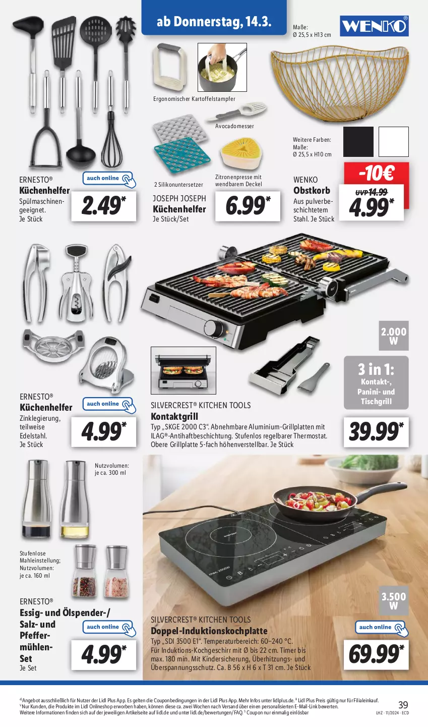 Aktueller Prospekt Lidl - Aktionsprospekt - von 11.03 bis 16.03.2024 - strona 45 - produkty: angebot, avocado, coupon, decke, Deckel, edelstahl, eis, ernesto, essig, geschirr, grill, grillplatte, HP, ilag, kartoffel, Kinder, kontaktgrill, korb, küche, Küchen, Küchenhelfer, latte, messer, obst, Persona, pfeffer, Pfeffermühle, reis, salz, silvercrest, spülmaschinen, thermostat, Ti, timer, tisch, tischgrill, Untersetzer, wenko, zitrone, zitronen