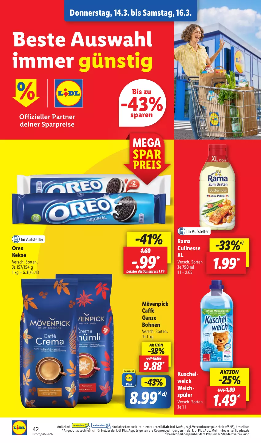 Aktueller Prospekt Lidl - Aktionsprospekt - von 11.03 bis 16.03.2024 - strona 48 - produkty: aktionspreis, angebot, bohne, bohnen, coupon, culinesse, eis, elle, keks, kekse, Kuschelweich, mövenpick, ndk, oreo, preisvorteil, rama, Rama Culinesse, reis, Schal, Schale, teller, Ti, weichspüler, ZTE