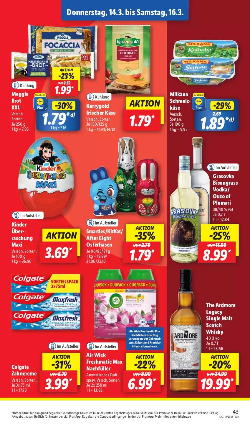 Aktueller Prospekt Lidl - Aktionsprospekt - von 11.03 bis 16.03.2024 - strona 49 - produkty: after eight, Air Wick, angebot, brot, colgate, coupon, creme, Duftspray, eis, elle, Käse, kerrygold, Kinder, kitkat, LG, meggle, milka, milkana, ouzo, Rauch, reis, rwe, Schmelzkäse, scotch, scotch whisky, single malt, smarties, teller, Ti, tisch, vodka, whisky, WICK, zahncreme, ZTE