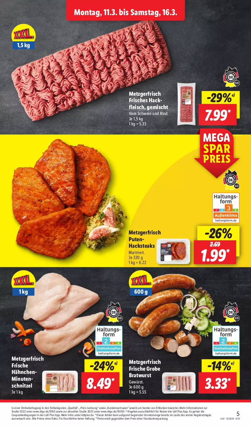 Aktueller Prospekt Lidl - Aktionsprospekt - von 11.03 bis 16.03.2024 - strona 5 - produkty: angebot, bratwurst, coupon, eis, elle, fleisch, Frische Hähnchen, gewürz, grobe bratwurst, hackfleisch, minutenschnitzel, preisvorteil, pute, Putenhacksteak, reis, rind, schnitzel, schwein, schwein und rind, steak, steaks, Ti, vom schwein und rind, wein, wurst, ZTE