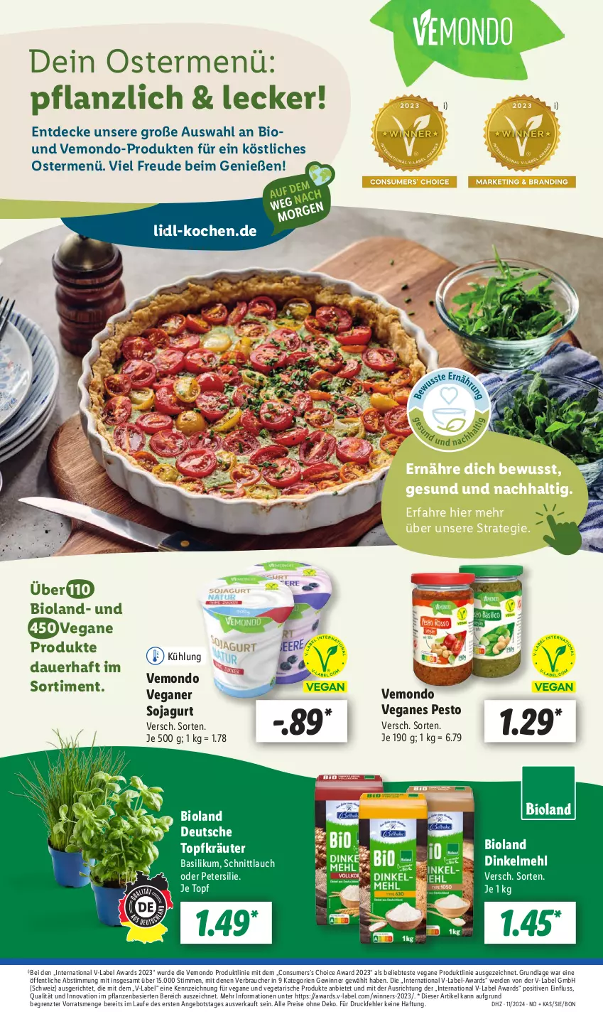 Aktueller Prospekt Lidl - Aktionsprospekt - von 11.03 bis 16.03.2024 - strona 59 - produkty: angebot, auer, basilikum, bio, bioland, decke, dinkelmehl, eis, erde, kräuter, mehl, pesto, petersilie, pflanze, pflanzen, Rauch, reis, schnittlauch, soja, Ti, topf, Topfkräuter, Vegeta, ZTE