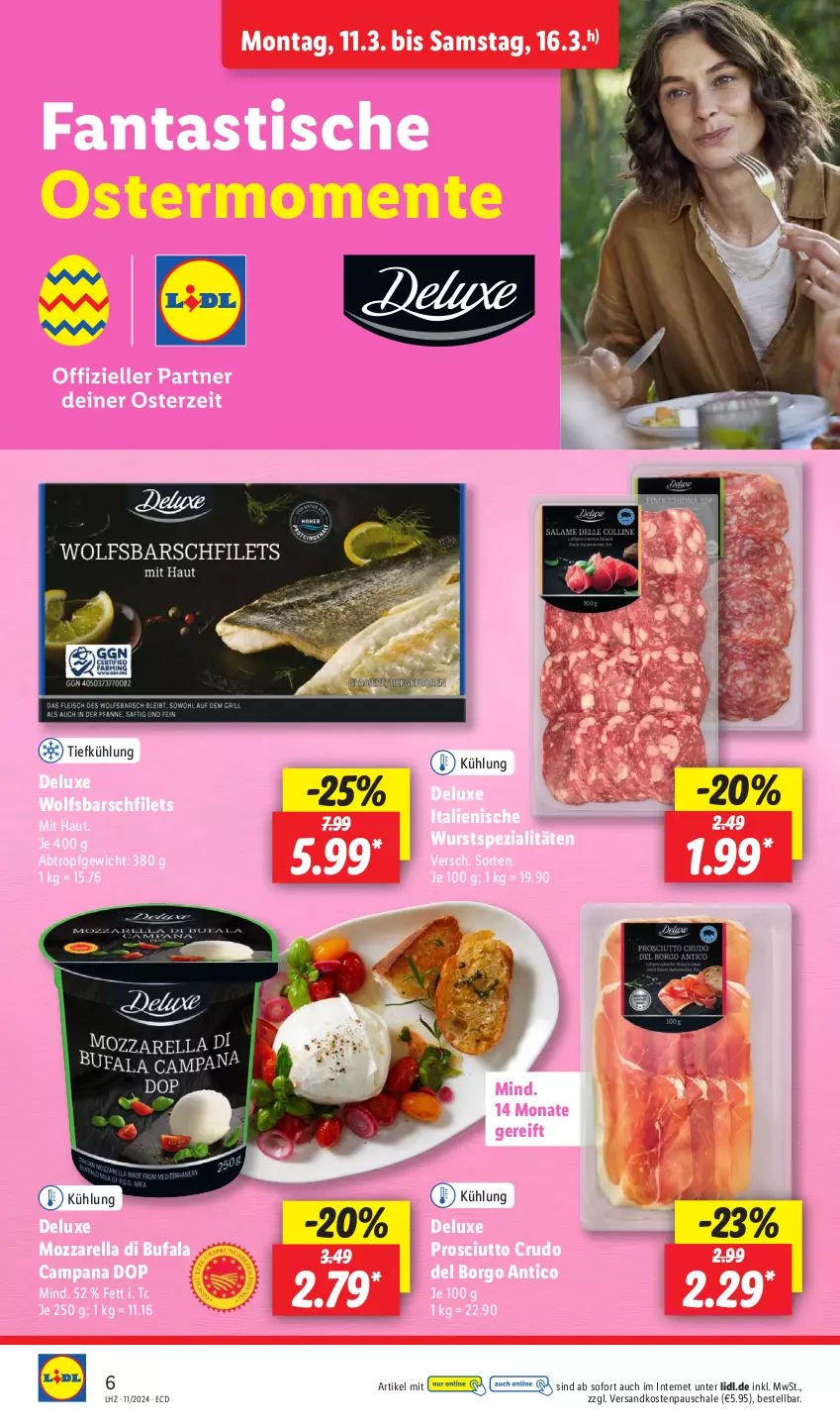 Aktueller Prospekt Lidl - Aktionsprospekt - von 11.03 bis 16.03.2024 - strona 8 - produkty: asti, di bufala, ente, fanta, filet, filets, mozzarella, ndk, prosciutto, prosciutto crudo, rel, Schal, Schale, Spezi, Ti, tisch, wolfsbarsch, wurst