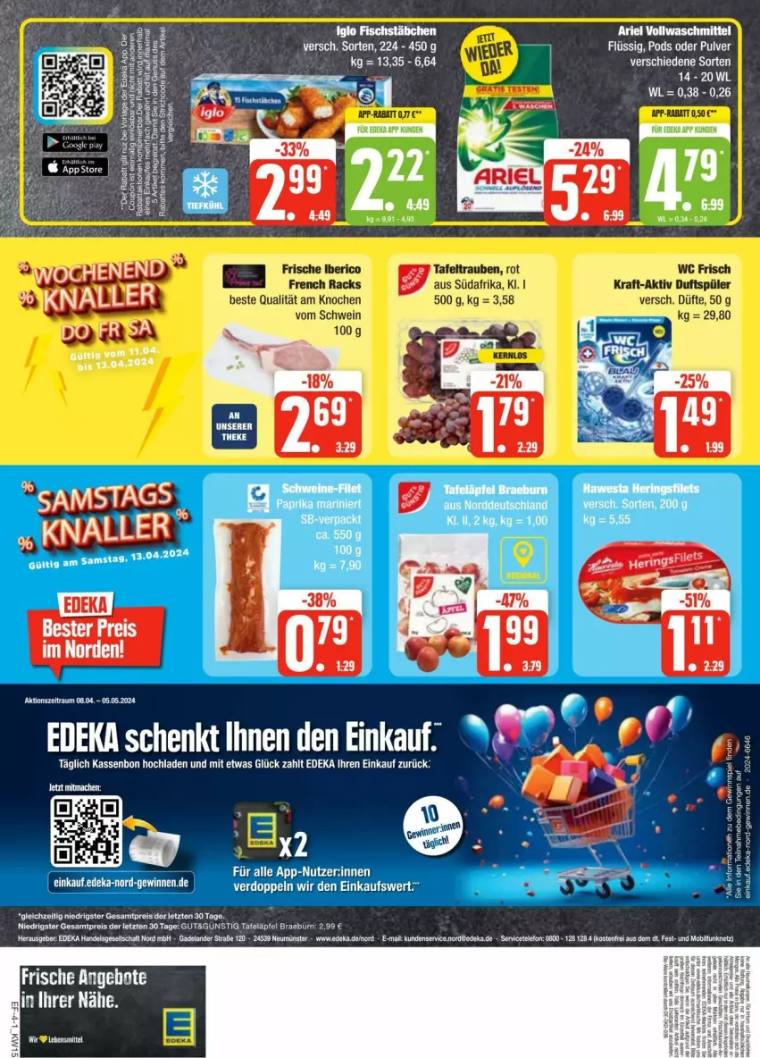 Aktueller Prospekt Edeka - Prospekte - von 06.04 bis 13.04.2024 - strona 4 - produkty: ariel, deka, eis, fisch, fischstäbchen, HP, iglo, lebensmittel, Pods, reis, tafeläpfel, Ti, vollwaschmittel, waschmittel, ZTE