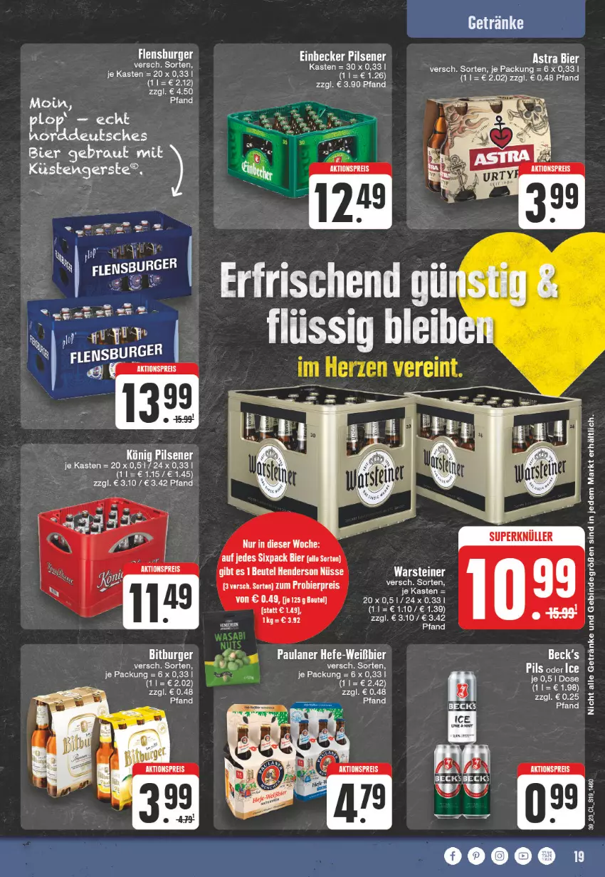 Aktueller Prospekt E Center - Angebote der Woche - von 25.09 bis 30.09.2023 - strona 19 - produkty: aktionspreis, Astra, bier, burger, eis, flensburger, getränk, getränke, Hefe, Paula, paulaner, pils, pilsener, reis, spee, steiner, Ti, warsteiner