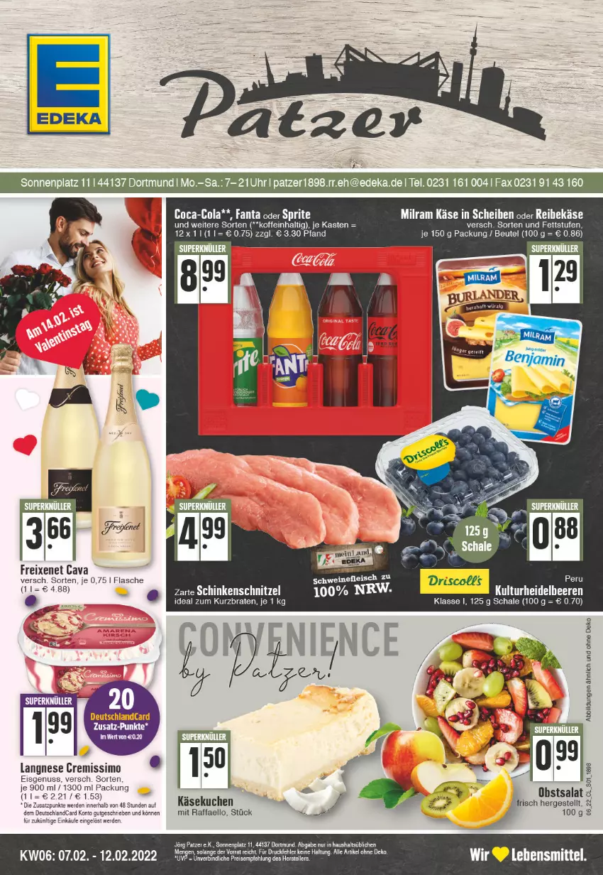 Aktueller Prospekt Edeka - Angebote der Woche - von 07.02 bis 12.02.2022 - strona 1 - produkty: beere, beeren, beutel, Cava, coca-cola, cola, cremissimo, deutschlandcard, eis, erde, fanta, fanta oder, fanta oder sprite, flasche, fleisch, freixenet, heidelbeere, heidelbeeren, Käse, käsekuchen, kuchen, langnese, langnese cremissimo, lebensmittel, milram, nuss, oder sprite, raffaello, Reibekäse, Schal, Schale, schwein, schweine, schweinefleisch, sim, sprite, Ti, wein, weine