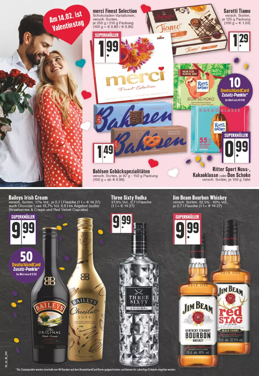 Aktueller Prospekt Edeka - Angebote der Woche - von 07.02 bis 12.02.2022 - strona 16 - produkty: angebot, bahlsen, baileys, bourbon, bourbon whiskey, cola, eis, flasche, gin, irish cream, jim beam, kakao, kentucky straight, merci, nuss, Ria, ritter, ritter sport, saro, sarotti, schoko, schokolade, schokoladen, Spezi, Sport, tee, Ti, tuc, velvet, whiskey