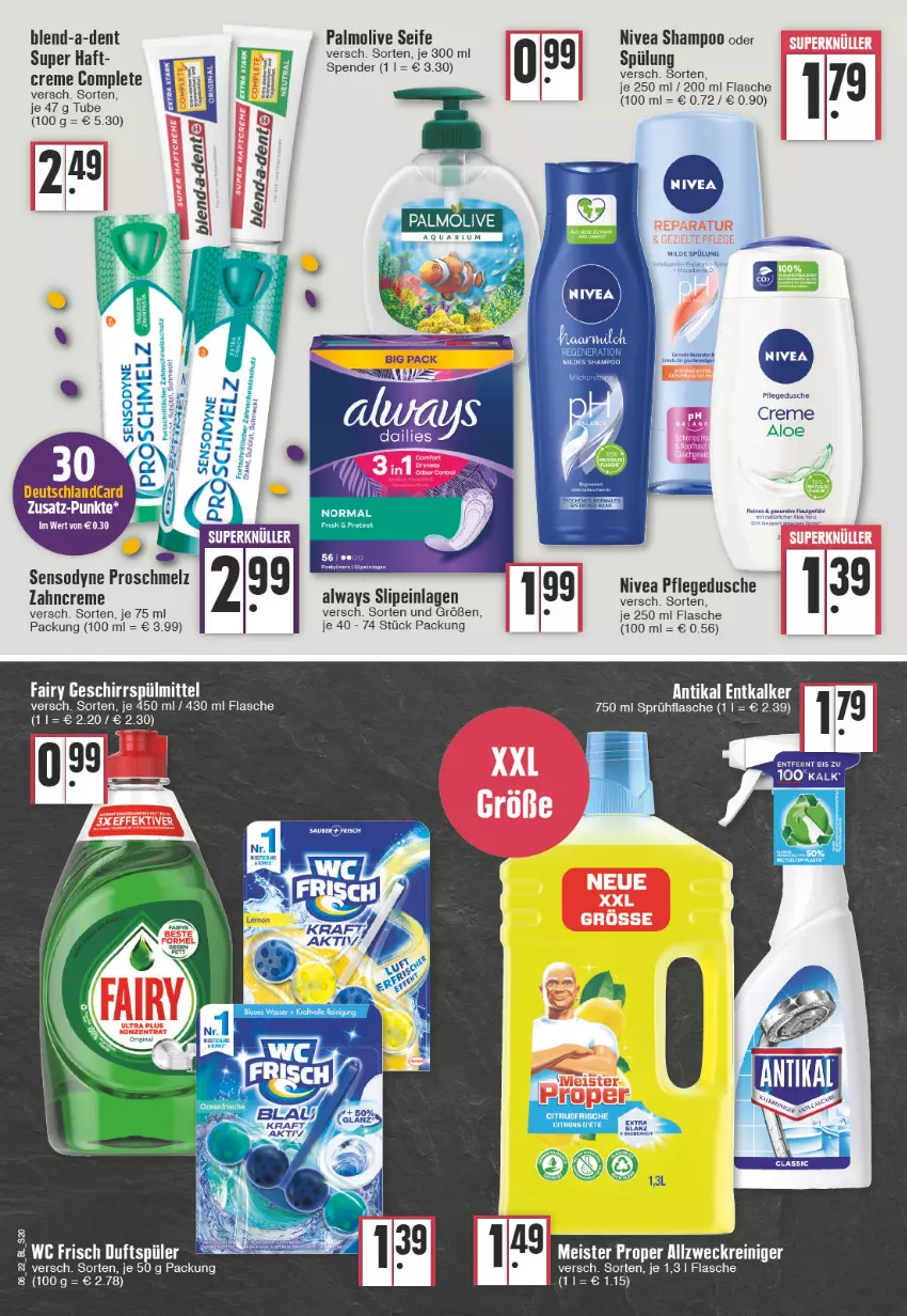 Aktueller Prospekt Edeka - Angebote der Woche - von 07.02 bis 12.02.2022 - strona 20 - produkty: Alwa, Always, aqua, creme, dailies, deutschlandcard, dusche, entkalker, flasche, nivea, olive, palmolive, pflegedusche, rel, Seife, sensodyne, shampoo, slip, slipeinlagen, spülung, Ti, zahncreme