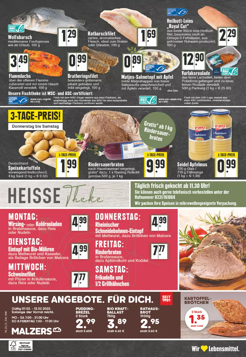 Aktueller Prospekt Edeka - Angebote der Woche - von 07.02 bis 12.02.2022 - strona 24 - produkty: angebot, angebote, apfel, apfelmus, arla, asti, auer, bio, braten, brezel, brot, brötchen, eis, elle, filet, fisch, fische, Fischer, fleisch, grill, grillhähnchen, ideal zum braten, ilag, kartoffel, kartoffeln, Knödel, kraft, kräuter, lachs, lamm, malz, matjes, Mett, mettwurst, mikrowelle, nudel, nudeln, nuss, omega, Omega-3, pilze, pudding, reis, rind, rinder, rotkohl, rouladen, sac, sahne, sauce, Schere, Soße, speisekartoffeln, telefon, Ti, topf, uhr, wolfsbarsch, wurst