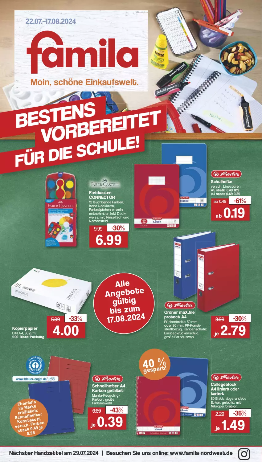 Aktueller Prospekt Famila - Prospekte - von 22.07 bis 17.08.2024 - strona 1 - produkty: angebot, angebote, Bau, Brei, Clin, collegeblock, din a4, eis, Hefte, kopierpapier, kraft, Leuchte, leuchten, ordner, papier, Pinsel, Schnellhefter, Ti