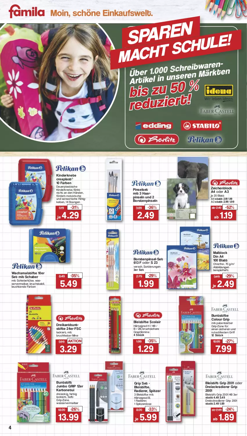 Aktueller Prospekt Famila - Prospekte - von 22.07 bis 17.08.2024 - strona 4 - produkty: asti, auer, Bleistift, bleistifte, buntstifte, cola, din a4, eis, jumbo, Kinder, lack, Leuchte, leuchten, mac, Malblock, Pinsel, Pinselset, stifte, Ti, tisch, wasser, zeichenblock