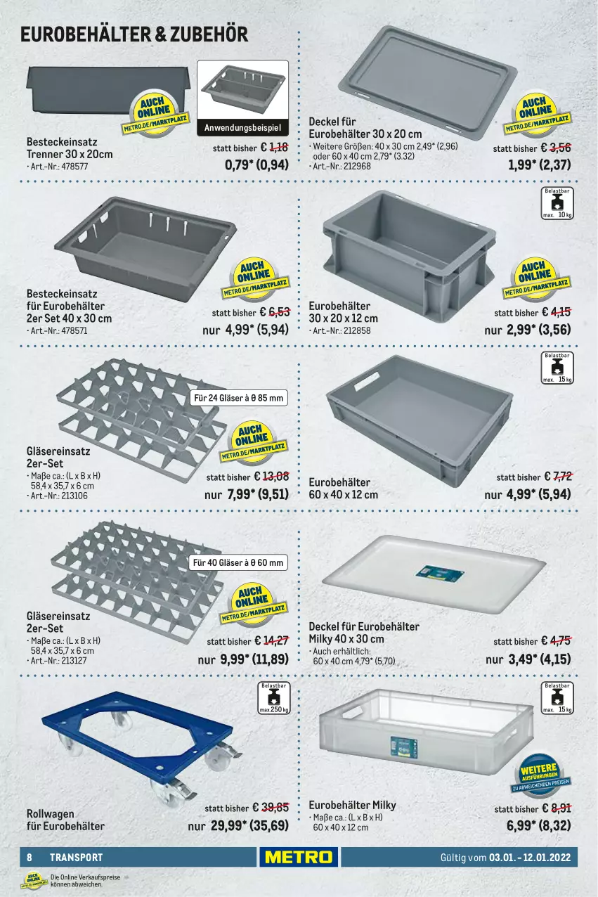 Aktueller Prospekt Metro - Transport Spezial - von 03.01 bis 12.01.2022 - strona 8 - produkty: Behälter, besteck, bestecke, decke, Deckel, eis, Gläser, reis, Sport, Ti