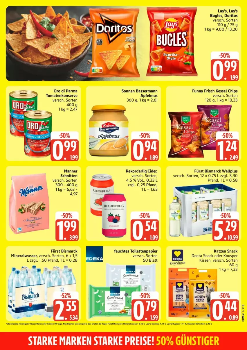 Aktueller Prospekt Edeka - Prospekte - von 20.07 bis 25.07.2026 - strona 3 - produkty: Alwa, bismarck, bugles, chips, cider, Doritos, feuchtes toilettenpapier, kissen, lay's, lays, Manner, mineralwasser, oro di parma, papier, schnitten, snack, toilettenpapier, tomate, tomaten, wasser