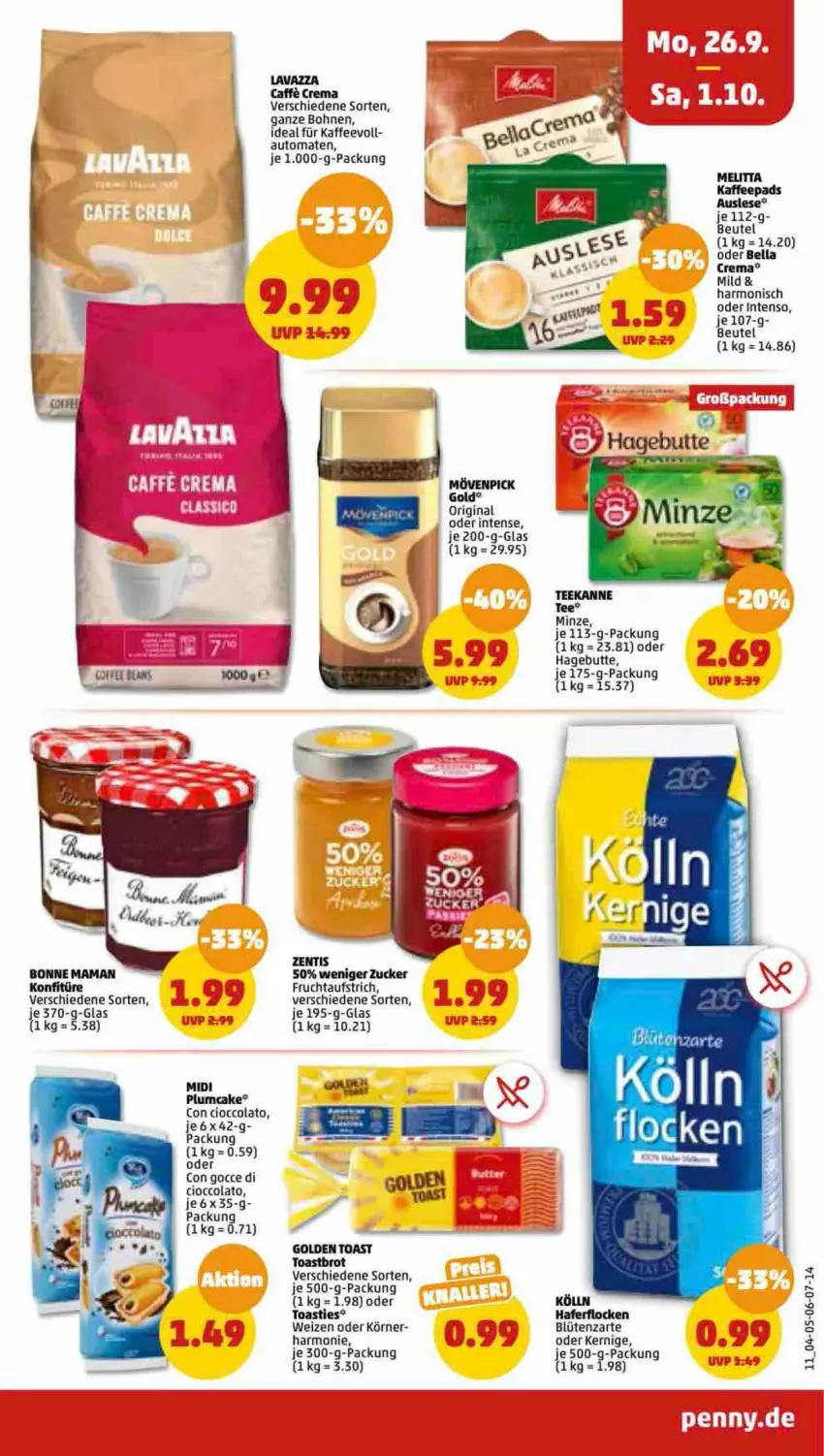 Aktueller Prospekt Penny - Prospekte - von 26.09 bis 01.10.2022 - strona 11 - produkty: asti, aufstrich, auto, bella crema, beutel, Blüte, bohne, bohnen, bonne maman, brot, cola, frucht, fruchtaufstrich, gin, golden toast, hafer, haferflocken, intenso, kaffee, kaffeepads, kölln, konfitüre, lavazza, mam, melitta, minze, mövenpick, tee, teekanne, Ti, toast, Toastbrot, tomate, tomaten, zentis, zucker