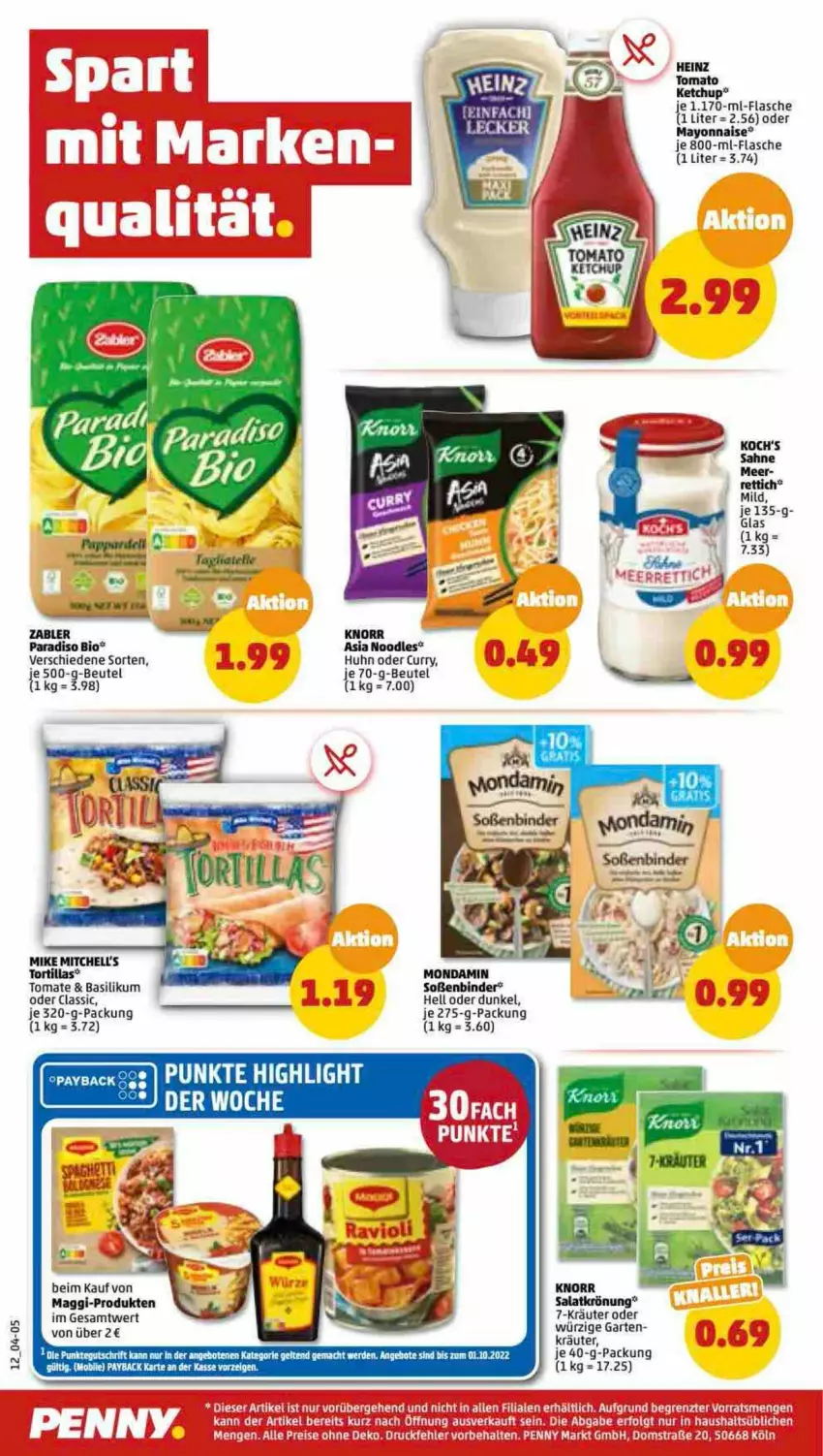 Aktueller Prospekt Penny - Prospekte - von 26.09 bis 01.10.2022 - strona 12 - produkty: angebot, angebote, basilikum, beutel, bio, curry, eis, erde, flasche, Garten, heinz, ketchup, knorr, Kraut, kräuter, LG, mac, maggi, mayonnaise, mondamin, payback, reis, Rettich, sahne, salat, salatkrönung, Soße, Ti, tomate, tomato ketchup, tortilla, tortillas, Yo, Zabler