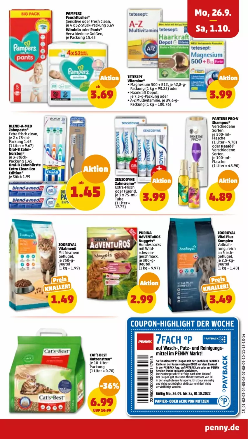 Aktueller Prospekt Penny - Prospekte - von 26.09 bis 01.10.2022 - strona 15 - produkty: adventuros, angebot, angebote, beutel, blend-a-med, bürste, bürsten, Cars, coupon, creme, erde, feuchttücher, flasche, Geflügel, hundesnack, hundesnacks, Katzenstreu, kraft, LG, mac, magnesium, oral-b, pampers, pantene, pantene pro-v, Pants, papier, pasta, payback, pro-v, Reinigung, schwein, sensodyne, shampoo, snack, snacks, Ti, tücher, vita, Vitamine, wein, Wild, windeln, windeln oder pants, zahnbürste, zahncreme, zahnpasta