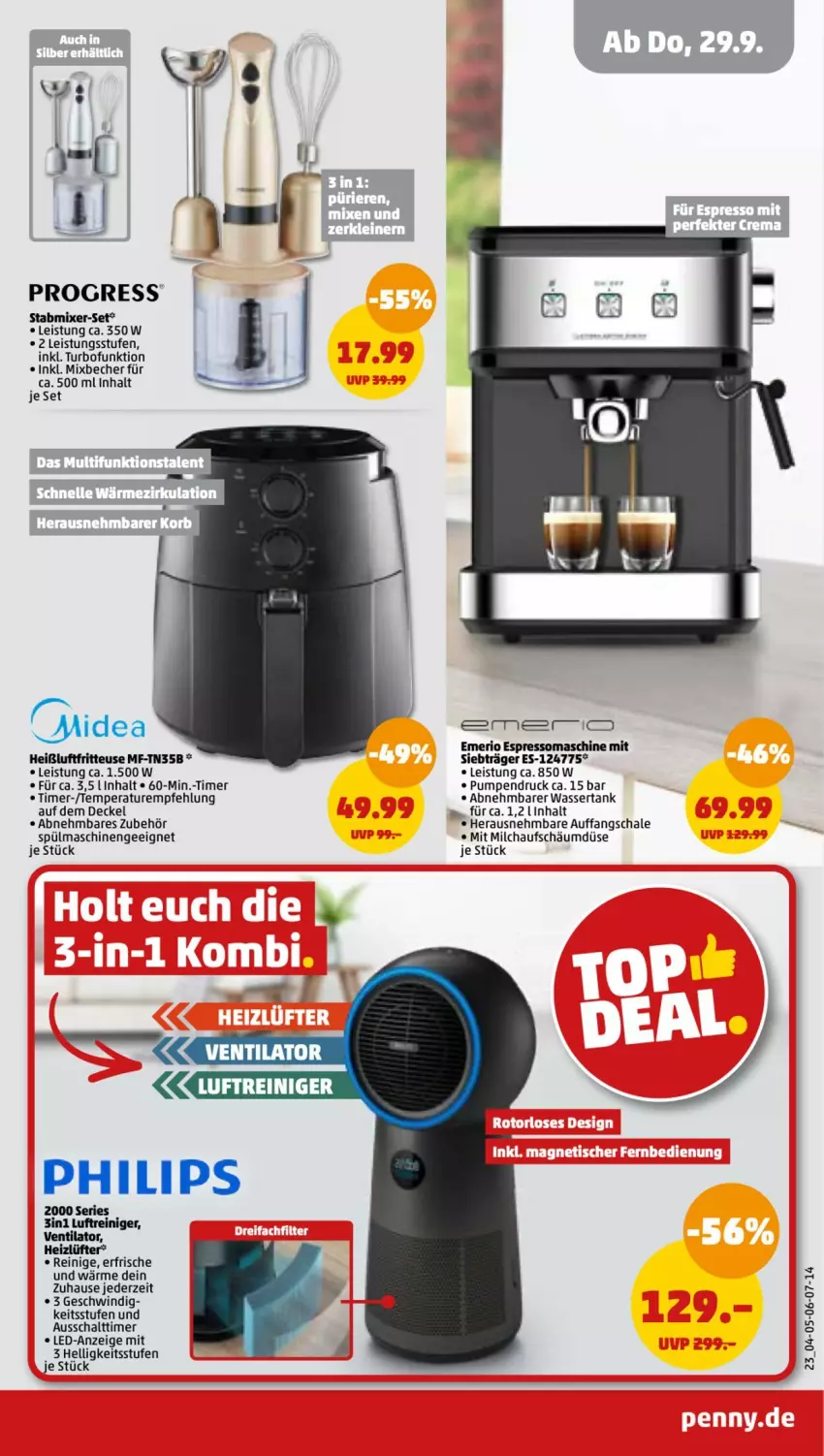 Aktueller Prospekt Penny - Prospekte - von 26.09 bis 01.10.2022 - strona 23 - produkty: Becher, decke, Deckel, eis, espresso, fritteuse, Heißluftfritteuse, Luftreiniger, milch, Mixer, Philips, reiniger, Schal, Schale, spülmaschinen, stabmixer, Ti, timer, ventilator, wasser, wassertank