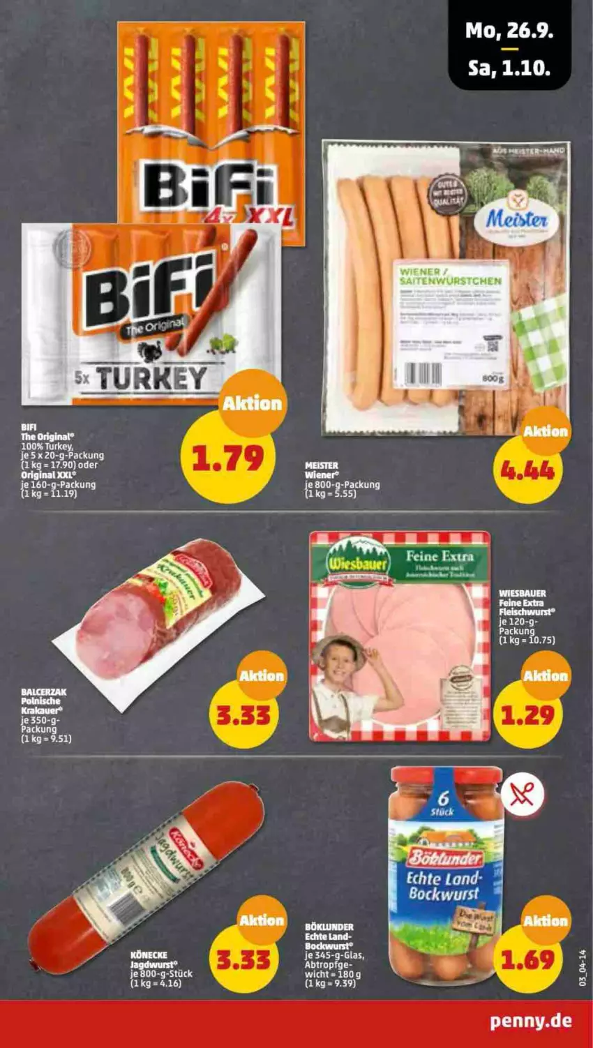 Aktueller Prospekt Penny - Prospekte - von 26.09 bis 01.10.2022 - strona 3 - produkty: bifi, eis, fleisch, fleischwurst, gin, Meister, wiener, wurst