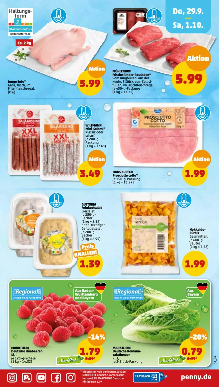 Aktueller Prospekt Penny - Prospekte - von 26.09 bis 01.10.2022 - strona 31 - produkty: Becher, beere, beeren, beutel, eier, eiersalat, eis, ente, feinkost, fleisch, frucht, Geflügel, geflügelsalat, himbeer, himbeere, himbeeren, jungbullen, Kürbis, Mini-Salami, prosciutto, prosciutto cotto, regal, reis, Ria, rind, rinder, Romanasalat, salami, salat, salatherzen, Schal, Schale, schnitten, Ti, wiltmann, ZTE