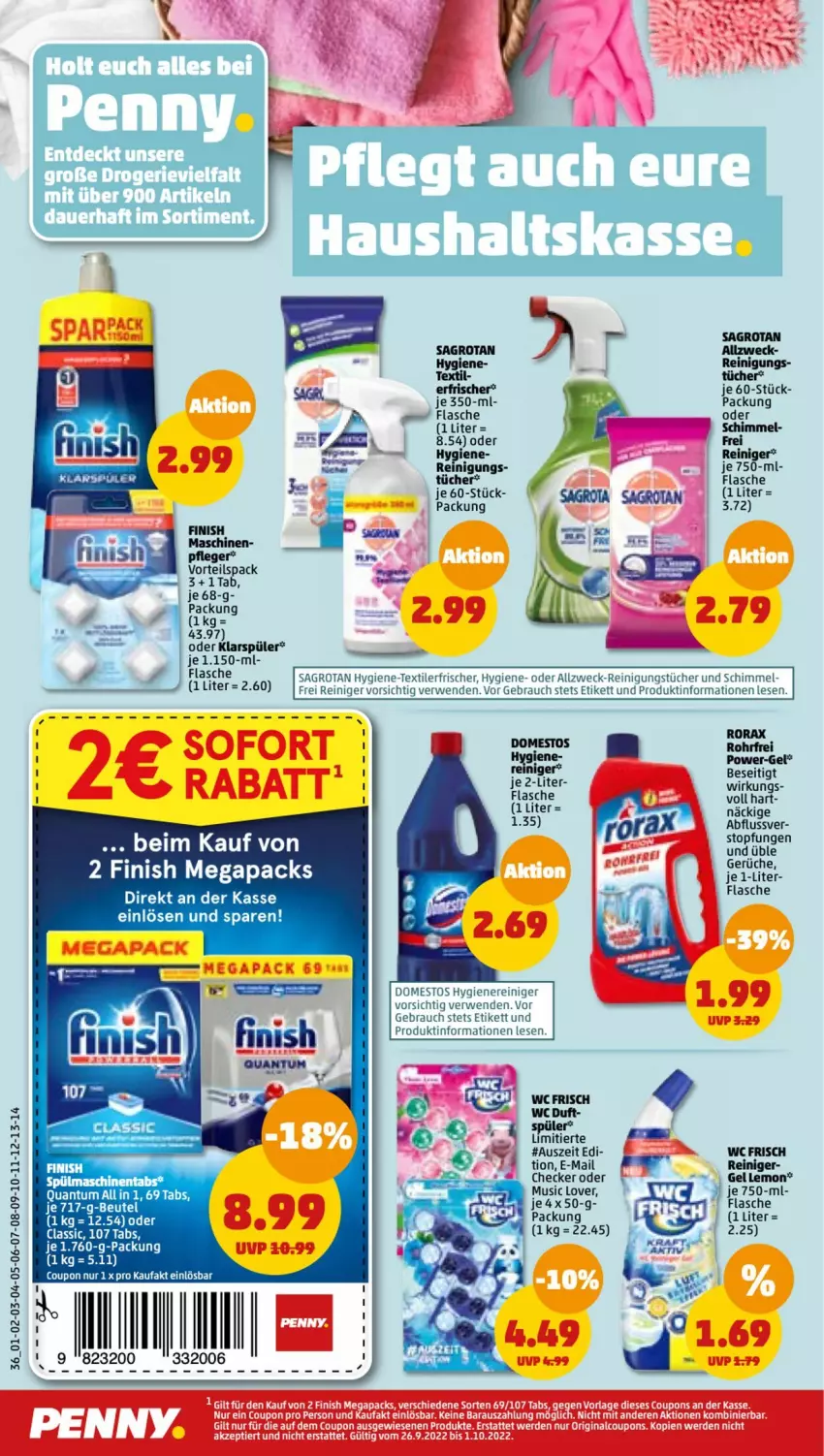 Aktueller Prospekt Penny - Prospekte - von 26.09 bis 01.10.2022 - strona 36 - produkty: domestos, elle, Finish, flasche, klarspüler, power-gel, Rauch, reiniger, Reinigung, reinigungstücher, rorax, rwe, sagrotan, spülmaschinen, spülmaschinentabs, tee, Textilerfrischer, Ti, topf, tücher, wc frisch, weck