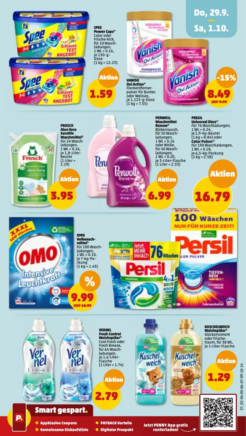 Aktueller Prospekt Penny - Prospekte - von 26.09 bis 01.10.2022 - strona 37 - produkty: aloe vera, auer, beutel, Blüte, bree, Cap, coupon, coupons, eis, flasche, fleckentferner, Frosch, je 1-liter-flasche, Kuschelweich, oxi action, payback, persil, persil waschmittel, perwoll, spee, Ti, vanish, vanish oxi action, vernel, waschmittel, weichspüler, wolle