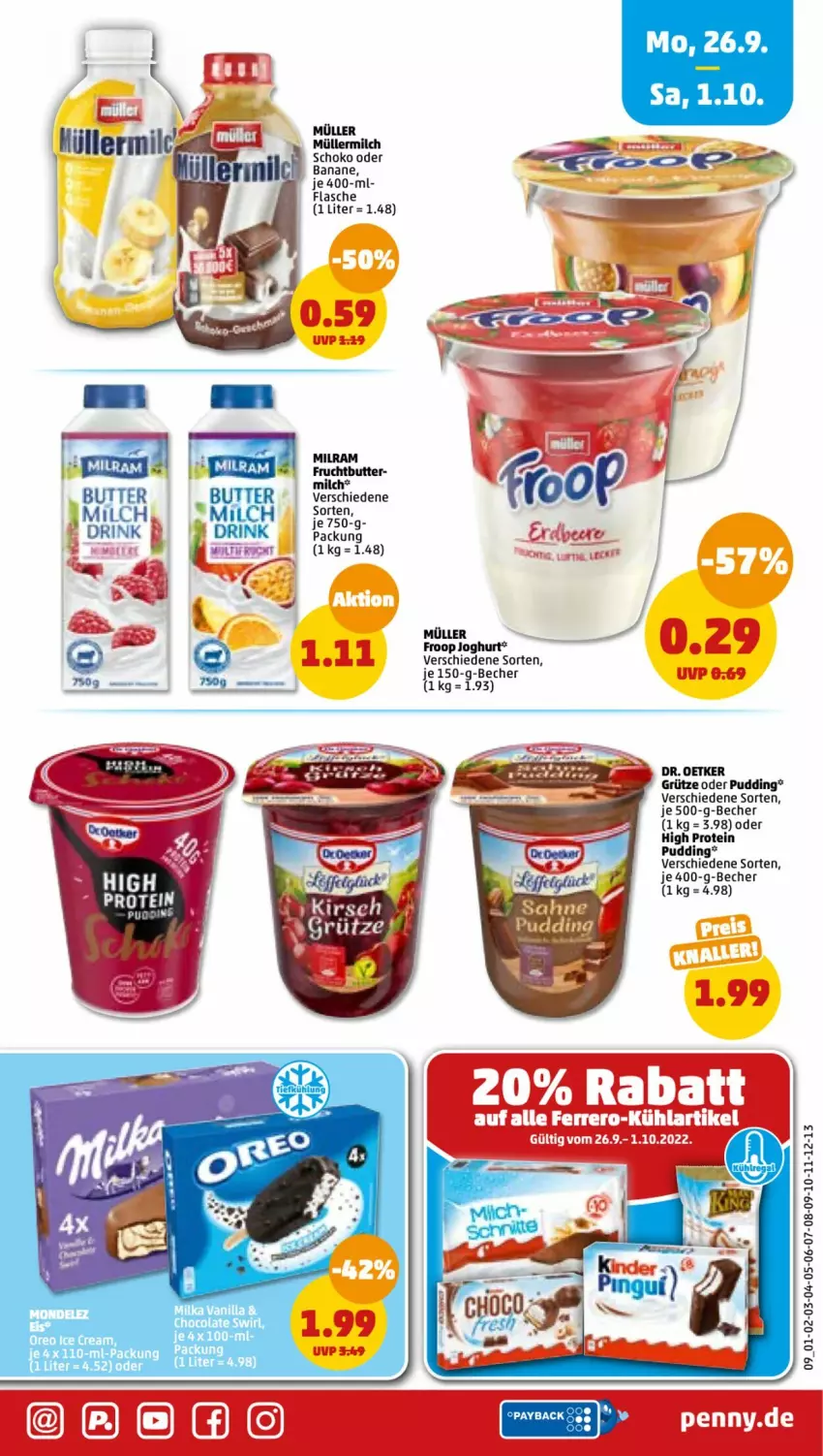 Aktueller Prospekt Penny - Prospekte - von 26.09 bis 01.10.2022 - strona 9 - produkty: banane, Becher, butter, cola, drink, erde, flasche, froop, frucht, grütze, HP, joghur, joghurt, milch, milka, milram, Müller, müllermilch, pudding, schoko, swirl