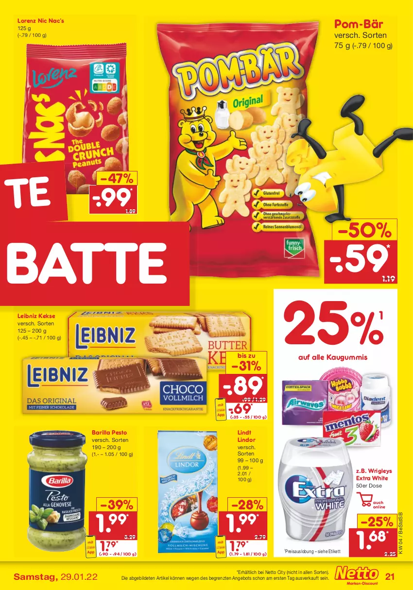 Aktueller Prospekt Netto Marken-Discount - Filial-Angebote - von 24.01 bis 29.01.2022 - strona 21 - produkty: angebot, barilla, eis, kaugummi, keks, kekse, leibniz, lindor, lindt, lorenz, pesto, pom-bär, reis, Ti, ZTE