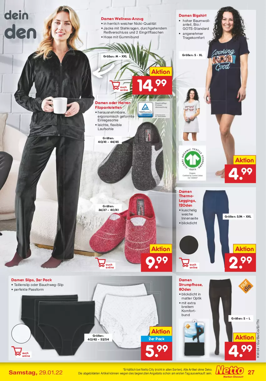 Aktueller Prospekt Netto Marken-Discount - Filial-Angebote - von 24.01 bis 29.01.2022 - strona 27 - produkty: angebot, Anzug, Bau, bio, Brei, gin, hose, Jacke, leggings, pantolette, pantoletten, rum, shirt, slip, slips, Strumpfhose, Taillenslip, Tasche, taschen, Thermoleggings, Ti, ZTE