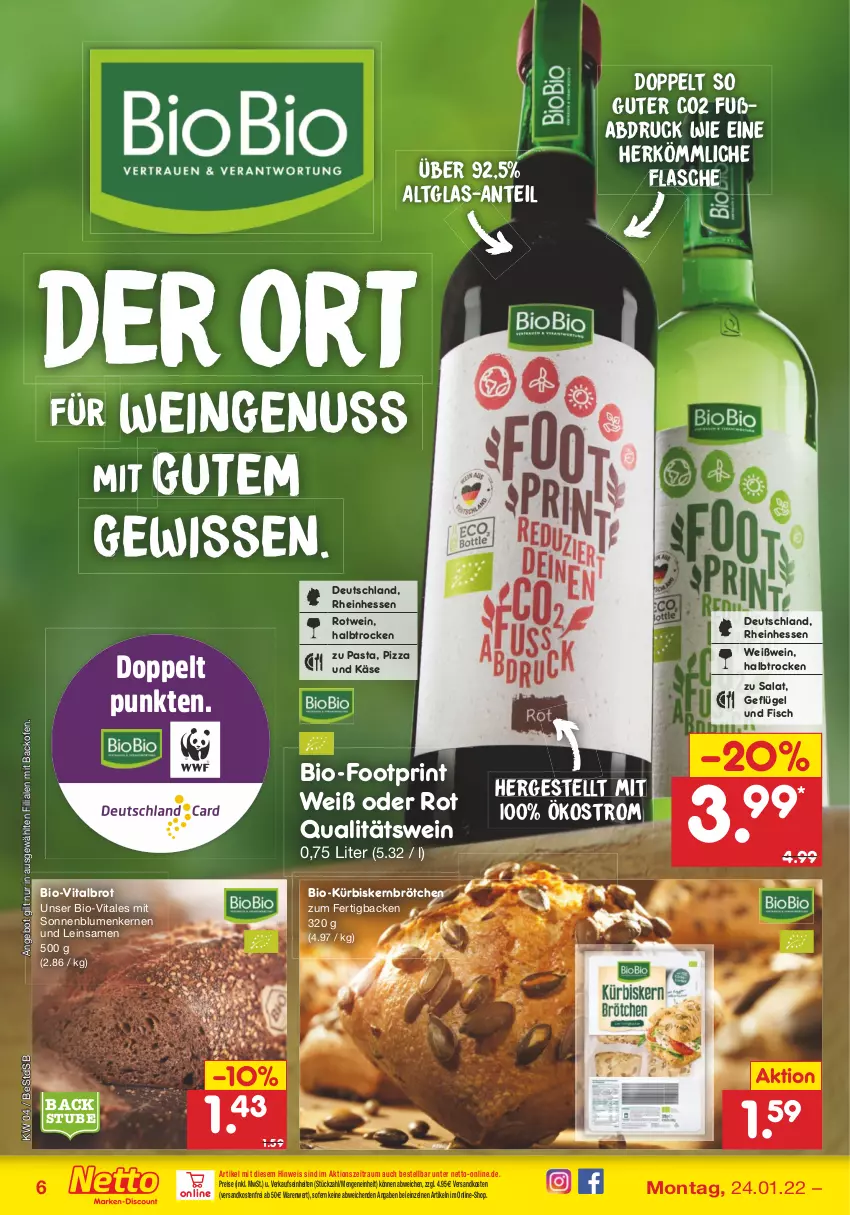 Aktueller Prospekt Netto Marken-Discount - Filial-Angebote - von 24.01 bis 29.01.2022 - strona 6 - produkty: angebot, backofen, bio, blume, blumen, brot, brötchen, eis, fisch, flasche, Geflügel, Käse, Kürbis, Kürbiskernbrötchen, ndk, nuss, Ofen, pasta, pizza, qualitätswein, reis, rotwein, salat, sonnenblume, sonnenblumen, Sonnenblumenkerne, sonnenblumenkernen, stube, Ti, versandkostenfrei, vita, wein, Weißwein